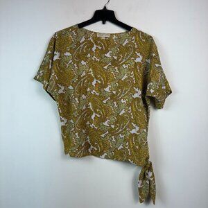 Michael Kors Women XS Saffron Yellow Paisley Tie Short Sleeve Blouse Top NWTBK26